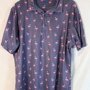 LRD Performance Wear Mens XL Purple Flamingo Allover Pattern Golf Shirt